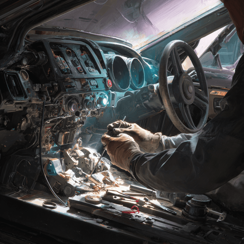 Technician repairing car ignition with steering column exposed in Irving TX