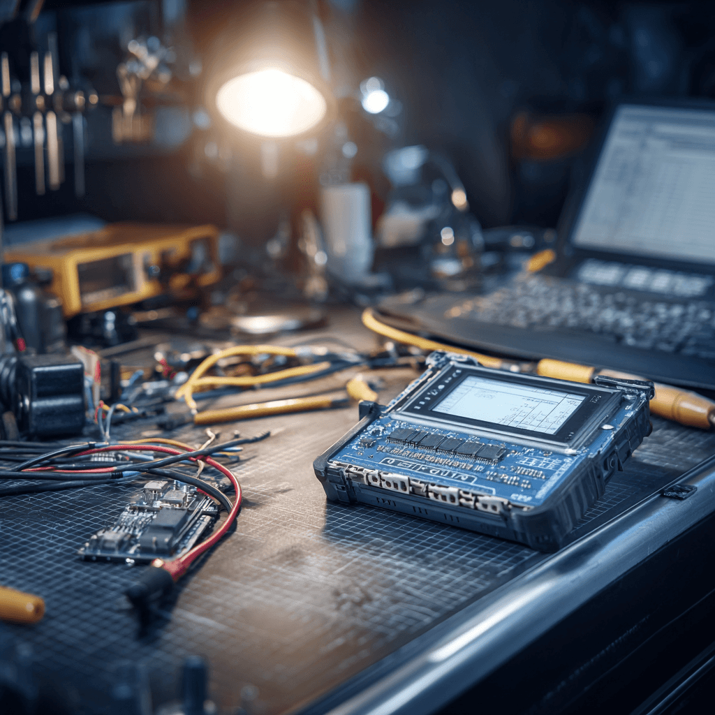 ECU module on diagnostic workbench for module repair and programming service